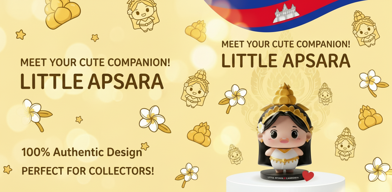 Promotional image of a figurine labeled 'Little Apsara' with decorative elements and text on a yellow background.